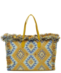 Boho Chic Crochet Fringe Shopper Tote Bag CY018 YELLOW